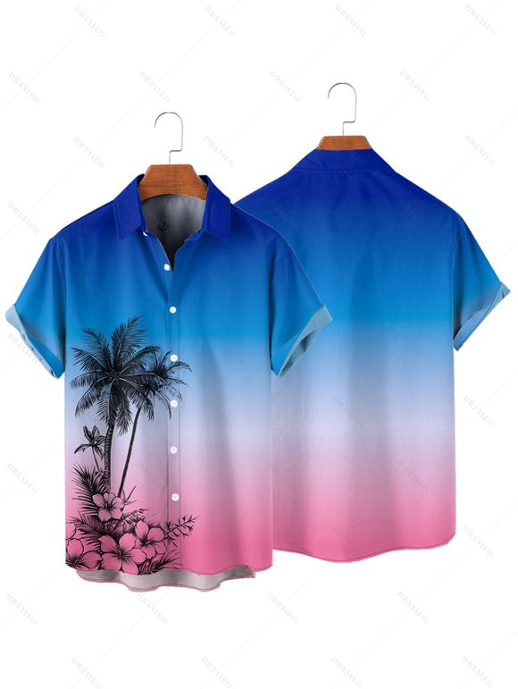 Vacation Couple Outfit Coconut Tree Print Ombre Spaghetti Strap A Line Dress and Roll Up Sleeve Shirt Solid Color Drawstring Shorts Beach Outfit - Bleu S | US 4