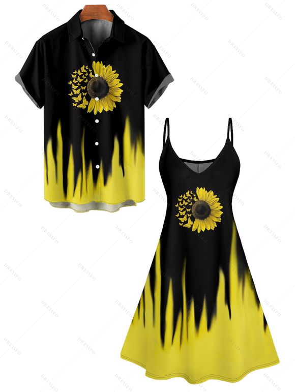 Vacation Couple Outfit Sunflower Butterfly Contrast Color Dress and Roll Up Sleeve Hawaii Shirt Matching Outfit - Noir S | US 4