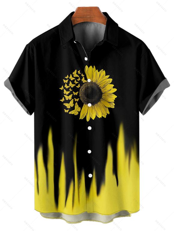 Chemise de Vacances Rayée Contrastée Tournesol Boutonnée à Manches Roulées pour Homme - Noir 4XL