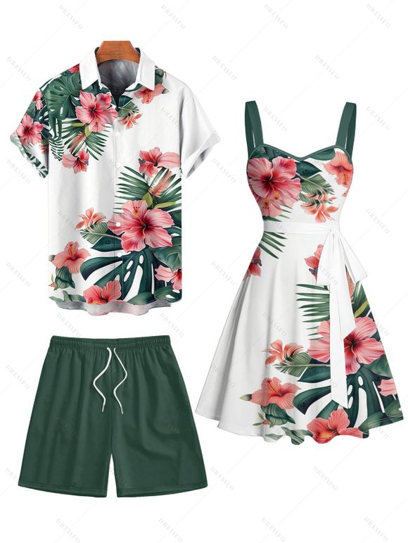 Vacation Couple Outfit Tropical Floral Leaf Pattern Ruched Bust Belted Dress and Roll Up Sleeve Shirt Solid Color Drawstrings Beach Shorts Outfit - Vert profond S | US 4