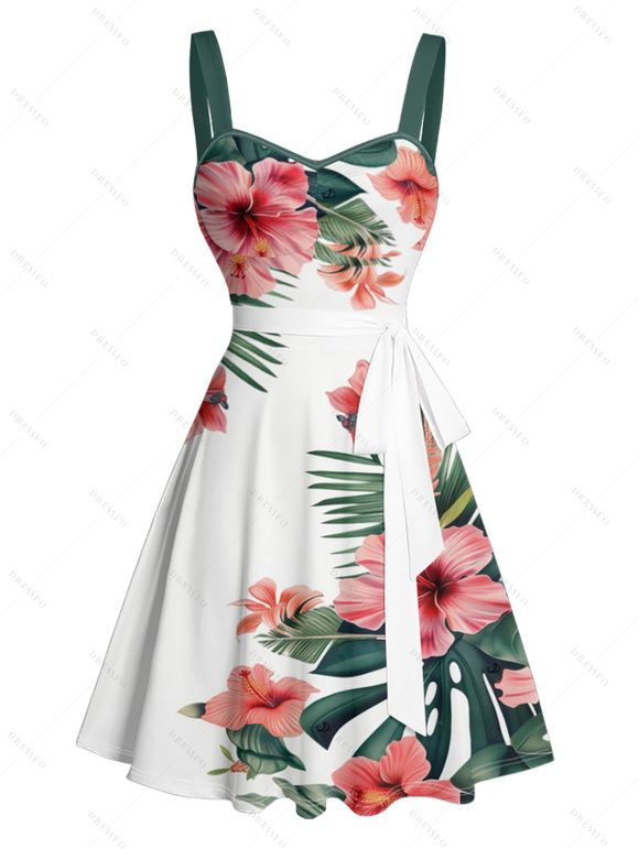 Vacation Couple Outfit Tropical Floral Leaf Pattern Ruched Bust Belted Dress and Roll Up Sleeve Shirt Solid Color Drawstrings Beach Shorts Outfit - Vert profond S | US 4