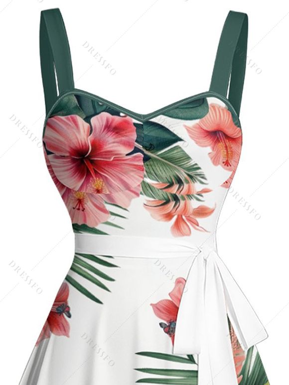 Vacation Couple Outfit Tropical Floral Leaf Pattern Ruched Bust Belted Dress and Roll Up Sleeve Shirt Solid Color Drawstrings Beach Shorts Outfit - Vert profond S | US 4