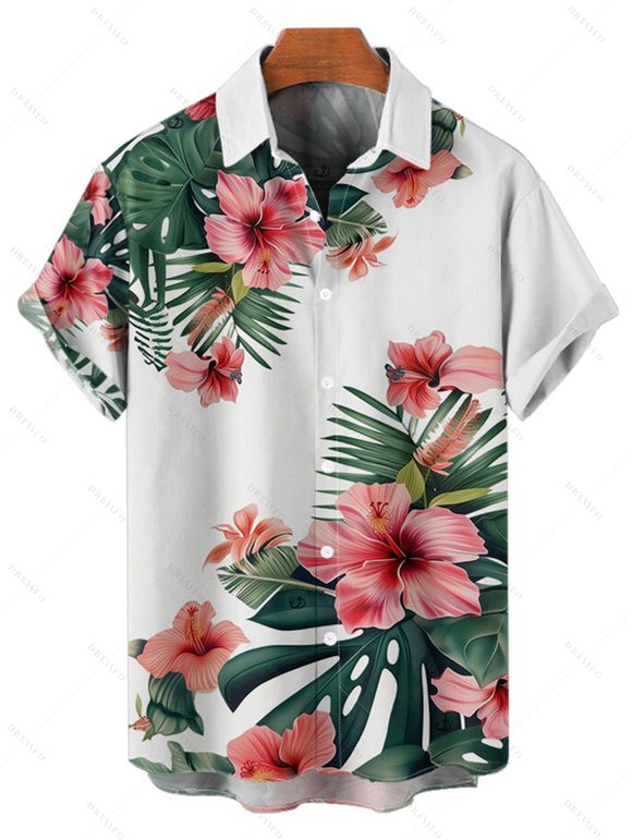 Vacation Couple Outfit Tropical Floral Leaf Pattern Ruched Bust Belted Dress and Roll Up Sleeve Shirt Solid Color Drawstrings Beach Shorts Outfit - Vert profond S | US 4