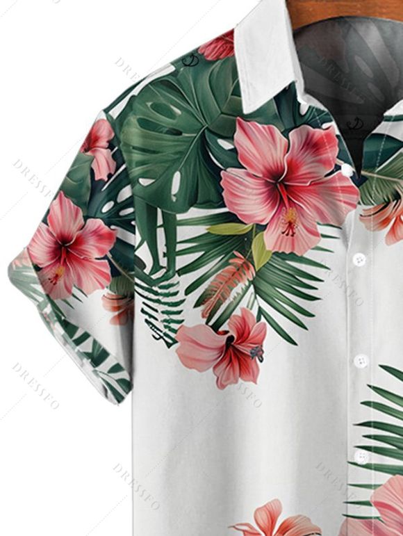 Vacation Couple Outfit Tropical Floral Leaf Pattern Ruched Bust Belted Dress and Roll Up Sleeve Shirt Solid Color Drawstrings Beach Shorts Outfit - Vert profond S | US 4