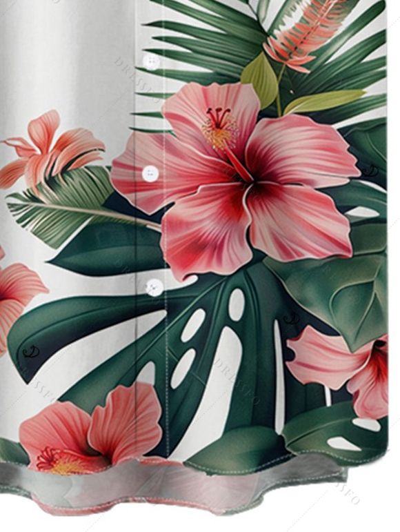 Vacation Couple Outfit Tropical Floral Leaf Pattern Ruched Bust Belted Dress and Roll Up Sleeve Shirt Solid Color Drawstrings Beach Shorts Outfit - Vert profond S | US 4