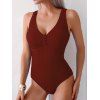 Maillot de Bain Texturé Plissé Au Poitrine en Couleur Unie Une Pièce à Col V - Rouge foncé S | US 4