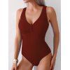 Solid Color Textured Fabric Ruched Bust V-Neck One-Piece Swimsuit - DEEP RED L | US 8
