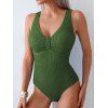 Solid Color Textured Fabric Ruched Bust V-Neck One-Piece Swimsuit - DEEP GREEN XL | US 10