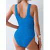 Maillot de Bain Texturé Plissé Au Poitrine en Couleur Unie Une Pièce à Col V - Bleu XXL | US 12