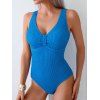 Maillot de Bain Texturé Plissé Au Poitrine en Couleur Unie Une Pièce à Col V - Bleu L | US 8