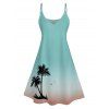 Vacation Couple Outfit Ombre Coconut Tree Spaghetti Strap Tank Dress and Roll Up Sleeve Shirt Solid Color Drawstrings Beach Short Outfit - Vert clair S | US 4