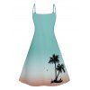 Vacation Couple Outfit Ombre Coconut Tree Spaghetti Strap Tank Dress and Roll Up Sleeve Shirt Solid Color Drawstrings Beach Short Outfit - Vert clair S | US 4