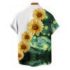 Chemise de Vacances Motif de Tournesol Peinture à Manches Roulées Boutonnée pour Homme - Vert profond 5XL