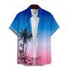 Chemise de Plage de Vacances Boutonnée Motif de Cocotier à Manches Roulées - Bleu 4XL