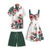 Vacation Couple Outfit Tropical Floral Leaf Pattern Ruched Bust Belted Dress and Roll Up Sleeve Shirt Solid Color Drawstrings Beach Shorts Outfit - Vert profond S | US 4