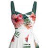 Vacation Couple Outfit Tropical Floral Leaf Pattern Ruched Bust Belted Dress and Roll Up Sleeve Shirt Solid Color Drawstrings Beach Shorts Outfit - Vert profond S | US 4