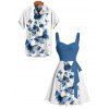 Vacation Couple Outfit Butterfly Print Contrast Color Ruched Bust Belt A Line Dress and Roll Up Sleeve Shirt Matching Outfit - Bleu S | US 4