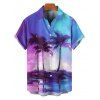 Palm Tree Beach Painting Print A Line V Neck Mini Vacation Dress And Short Sleeve Shirt Matching Outfit - Bleu S | US 4