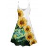 Vacation Couple Outfit Sunflower Painting Pattern Spaghetti Strap Tank Dress and Roll Up Sleeve Shirt Matching Outfit - Vert profond S | US 4