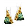 Vacation Couple Outfit Sunflower Painting Pattern Spaghetti Strap Tank Dress and Roll Up Sleeve Shirt Matching Outfit - Vert profond S | US 4