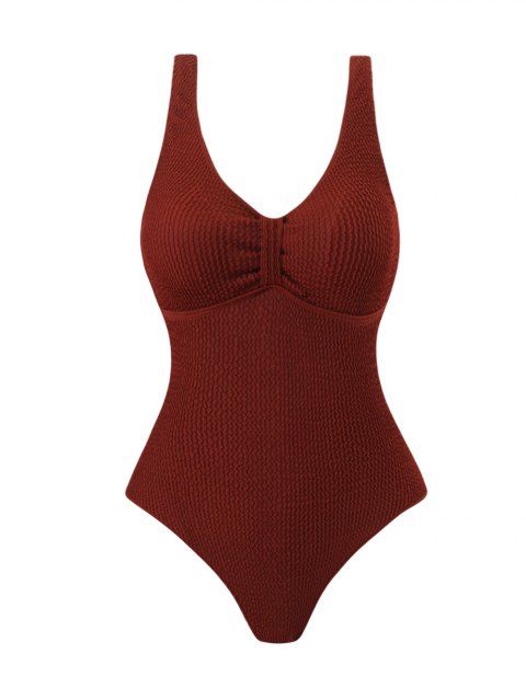Maillot de Bain Texturé Plissé Au Poitrine en Couleur Unie Une Pièce à Col V
