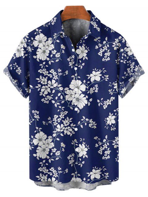 Chemise de Vacances Fleur Motif de Branche D'Arbre Boutonnée à Manches Roulées pour Homme