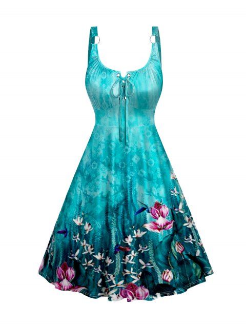 Flower Geometric Pattern Lace Up Vacation Dress O Ring Strap Empire Waist Ruched A Line Dress