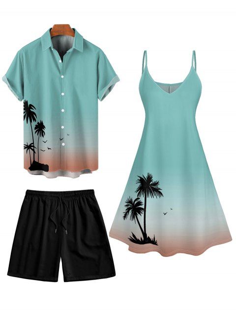 Vacation Couple Outfit Ombre Coconut Tree Spaghetti Strap Tank Dress and Roll Up Sleeve Shirt Solid Color Drawstrings Beach Short Outfit