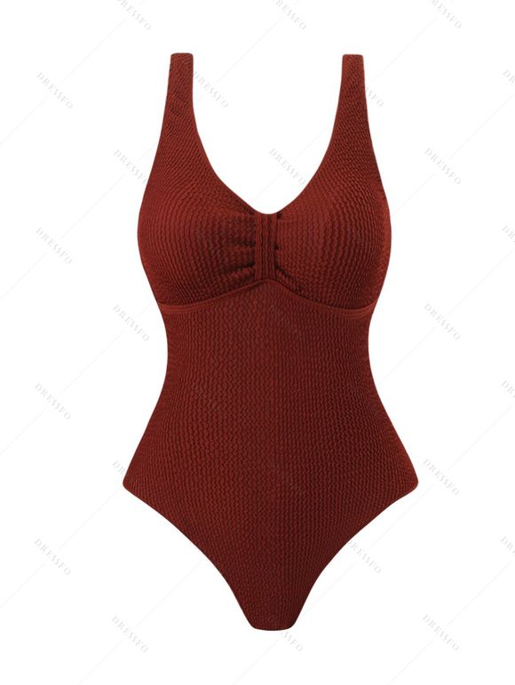 Maillot de Bain Texturé Plissé Au Poitrine en Couleur Unie Une Pièce à Col V - Rouge foncé S | US 4