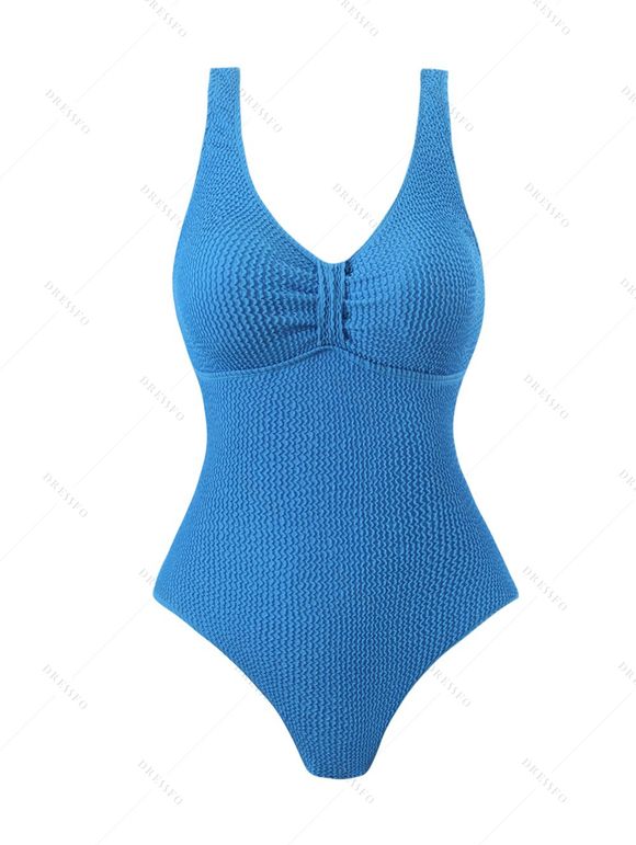 Maillot de Bain Texturé Plissé Au Poitrine en Couleur Unie Une Pièce à Col V - Bleu XXL | US 12