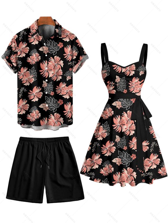 Vacation Couple Outfit Allover Floral Leaf Pattern Ruched Bust Belted Dress and Roll Up Sleeve Shirt Solid Color Drawstrings Beach Shorts Outfit - Noir S | US 4