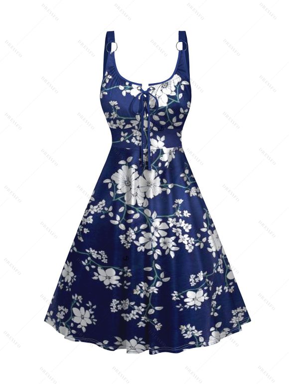 Robe de Vacances Ligne A Motif Fleuri à Taille Empire à Lacets - Bleu profond XXL | US 14