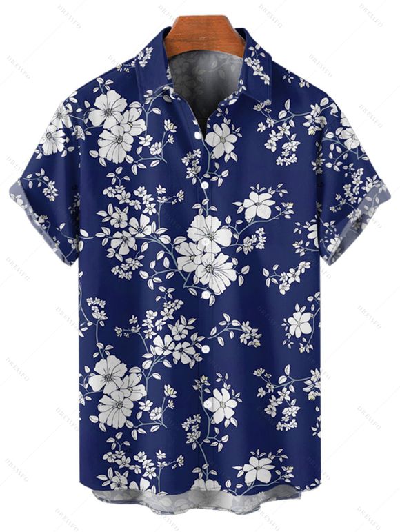 Chemise de Vacances Fleur Motif de Branche D'Arbre Boutonnée à Manches Roulées pour Homme - Bleu profond 5XL