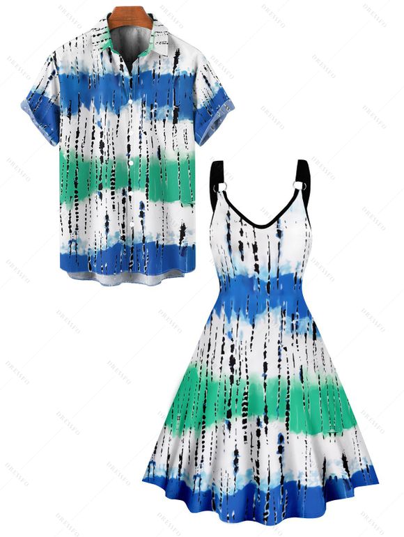 Vacation Couple Outfit Tie Dye Printed O Ring Strap A Line Tank Dress and Roll Up Sleeve Shirt Matching Outfit - Bleu S | US 4