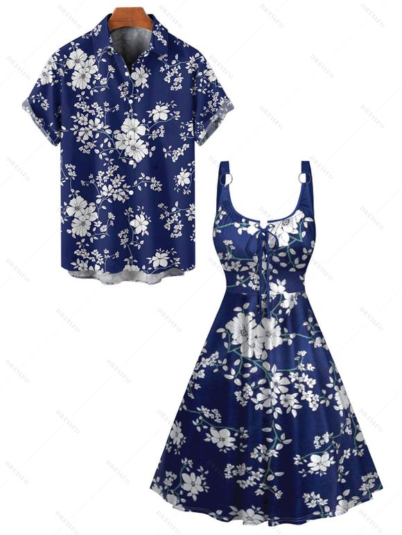 Women's Clothing Flexible Floral Digital Printed Neckline Hit Chicken Eyelet Tie Shoulder Strap Dress with Short Sleeve Shirt - Bleu profond S | US 4