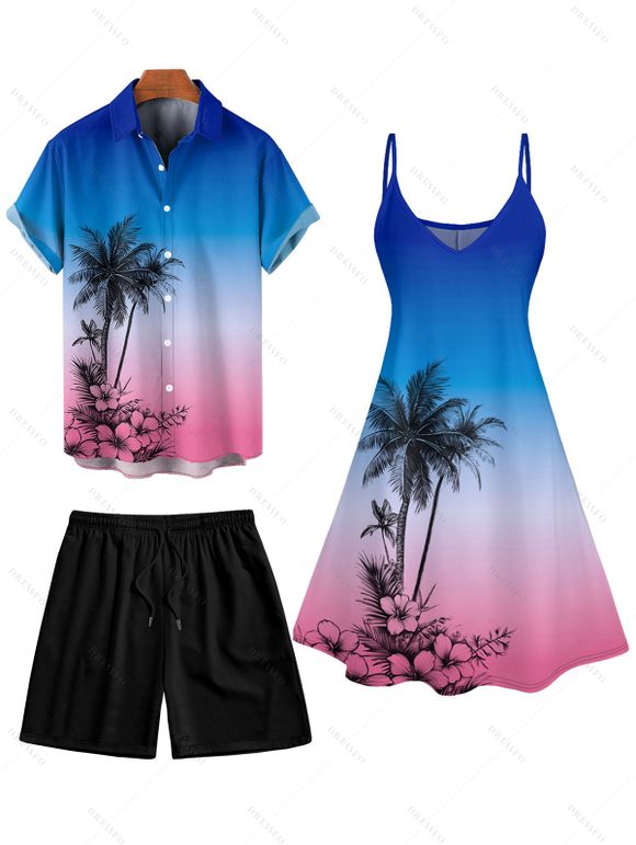 Vacation Couple Outfit Coconut Tree Print Ombre Spaghetti Strap A Line Dress and Roll Up Sleeve Shirt Solid Color Drawstring Shorts Beach Outfit - Bleu S | US 4