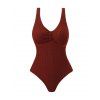 Solid Color Textured Fabric Ruched Bust V-Neck One-Piece Swimsuit - DEEP RED XL | US 10