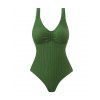 Solid Color Textured Fabric Ruched Bust V-Neck One-Piece Swimsuit - DEEP GREEN XL | US 10