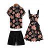 Vacation Couple Outfit Allover Floral Leaf Pattern Ruched Bust Belted Dress and Roll Up Sleeve Shirt Solid Color Drawstrings Beach Shorts Outfit - Noir S | US 4