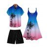 Vacation Couple Outfit Coconut Tree Print Ombre Spaghetti Strap A Line Dress and Roll Up Sleeve Shirt Solid Color Drawstring Shorts Beach Outfit