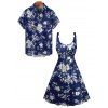 Women's Clothing Flexible Floral Digital Printed Neckline Hit Chicken Eyelet Tie Shoulder Strap Dress with Short Sleeve Shirt - Bleu profond S | US 4