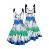 Vacation Couple Outfit Tie Dye Printed O Ring Strap A Line Tank Dress and Roll Up Sleeve Shirt Matching Outfit - Bleu S | US 4