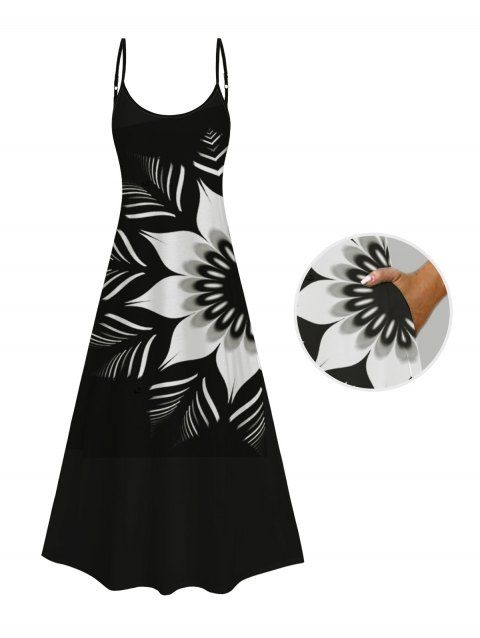Robe Longue Vintage A Line à Bretelles Spaghetti à Motif Floral Noir et Blanc