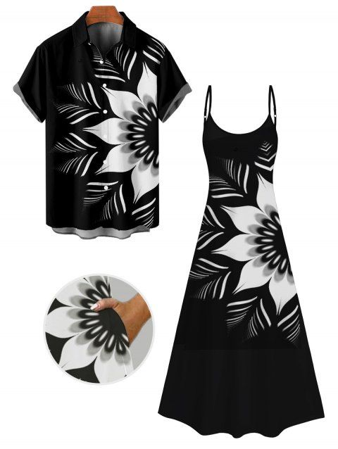 Vacation Couple Outfit Monochrome Floral Pattern Pocket A Line Long Dress and Roll Up Sleeve Button Up Shirt Matching Outfit
