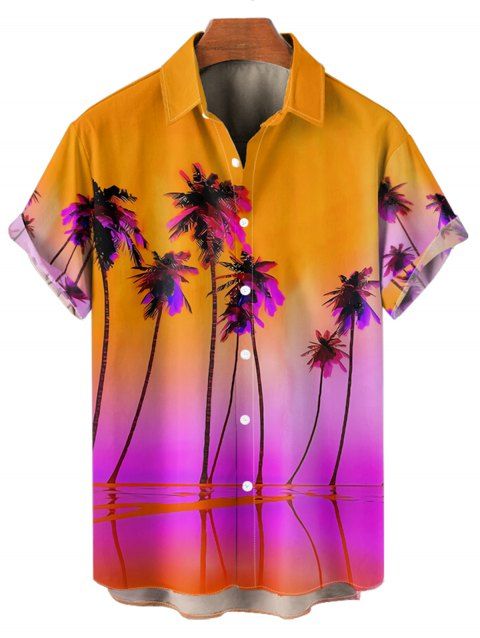 Chemise de Vacances Boutonnée Motif de Cocotier Tropicale à Manches Roulées pour Homme