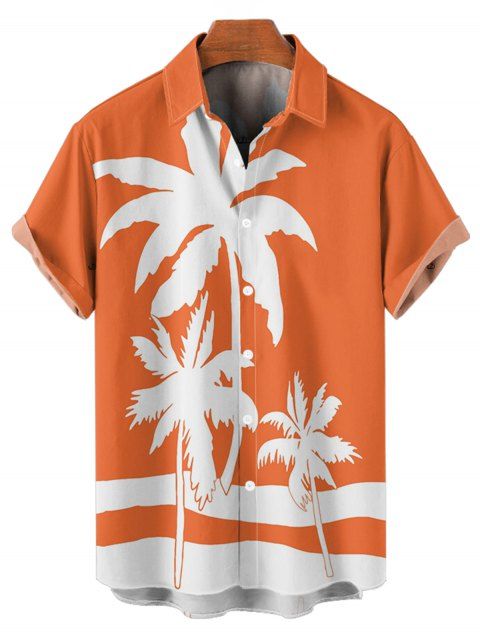 Chemise de Plage Arbre Tropical Imprimé Boutonnée en Blocs de Couleurs Manches Roulées pour Homme