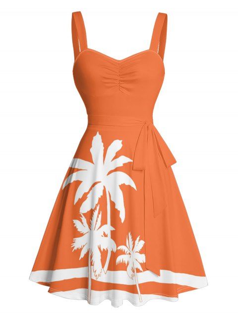 Robe de Plage Ligne A en Blocs de Couleurs Arbre de Noix de Coco Imprimé à Volants