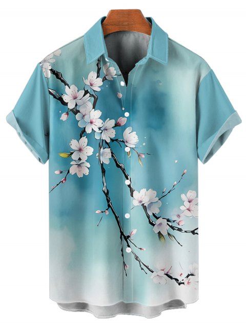 Chemise de Vacances Boutonnée Motif de Branche D'Arbre Florale à Manches Roulées pour Homme