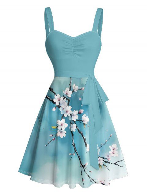 Robe de Vacances Ligne A Boutonnée Motif de Fleur et D'Arbre