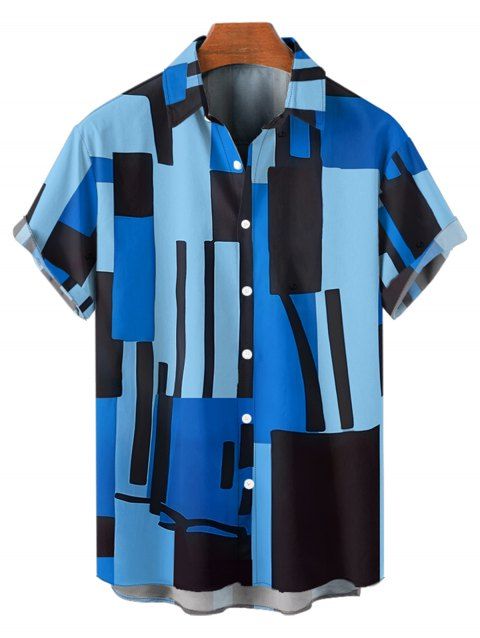 Chemise de Vacances Géométrique Imprimée en Blocs de Couleurs Boutonnée à Manches Roulées pour Homme